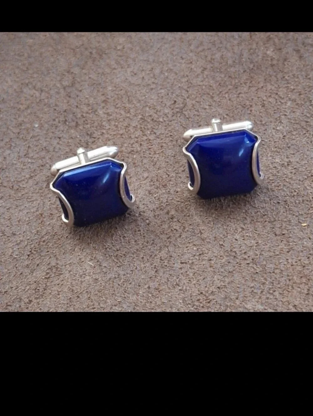 Exquisite Rare HTF Vintage Mid Century Silver Frame Swank Blue Glass Cufflinks
